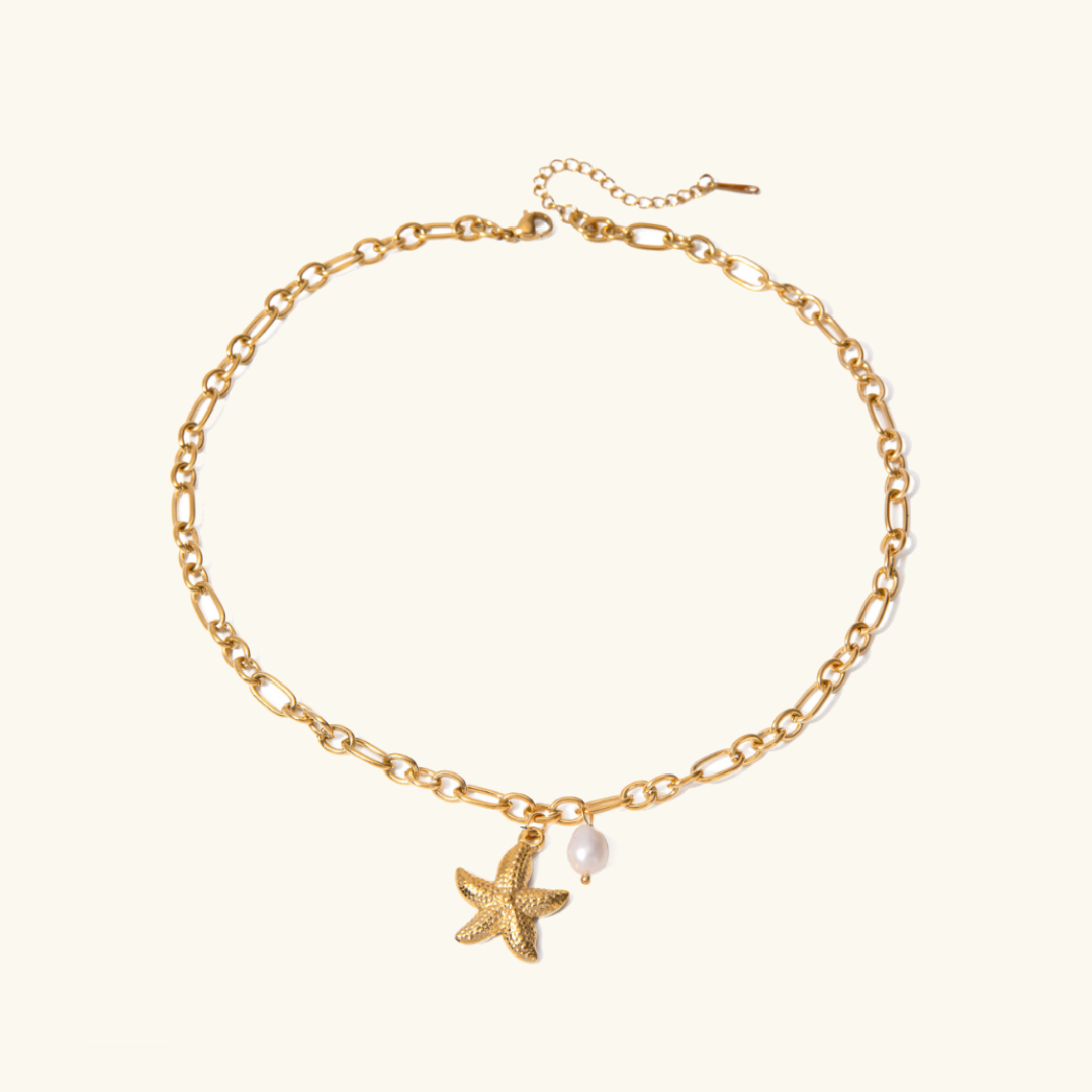 Dainty Gold Necklace with Starfish Pendant and Freshwater Pearl – Waterproof 18k Gold-Plated Chain for Women 0