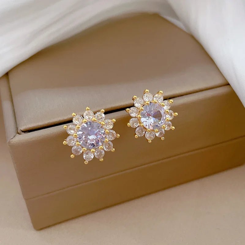 Dazzling Sunflower Floral Jewelry Set - Necklace and Earring Set with Zircon Accents in Gold Plated Design