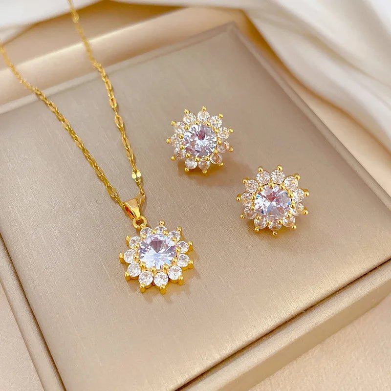 Dazzling Sunflower Floral Jewelry Set - Necklace and Earring Set with Zircon Accents in Gold Plated Design
