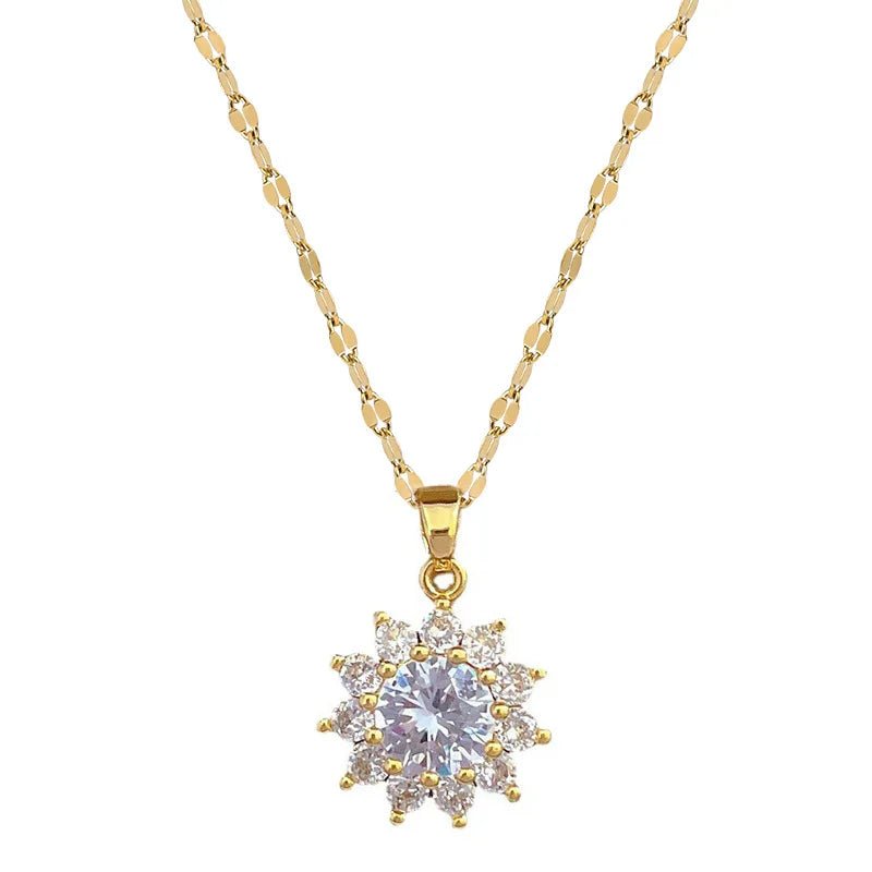 Dazzling Sunflower Floral Jewelry Set - Necklace and Earring Set with Zircon Accents in Gold Plated Design