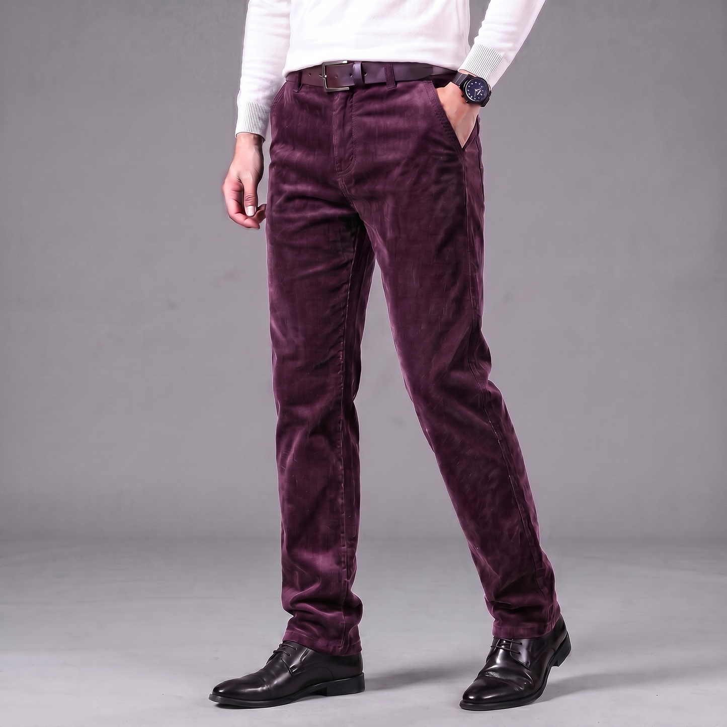 Men's Tailored Chino Trousers in Wine - front view | Hensley London