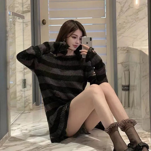 Edgy and Stylish Ripped Style Punk Rock Striped Sweater 0