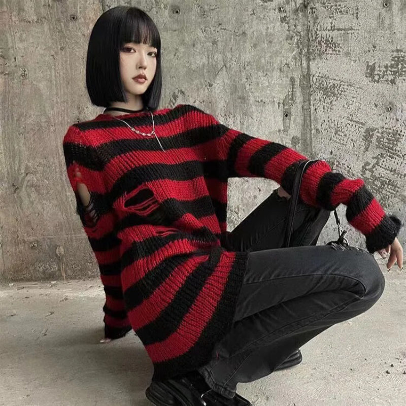 Edgy and Stylish Ripped Style Punk Rock Striped Sweater 10