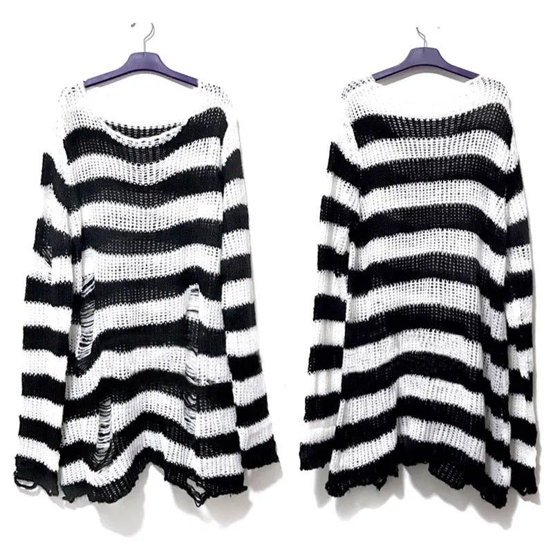 Edgy and Stylish Ripped Style Punk Rock Striped Sweater 11