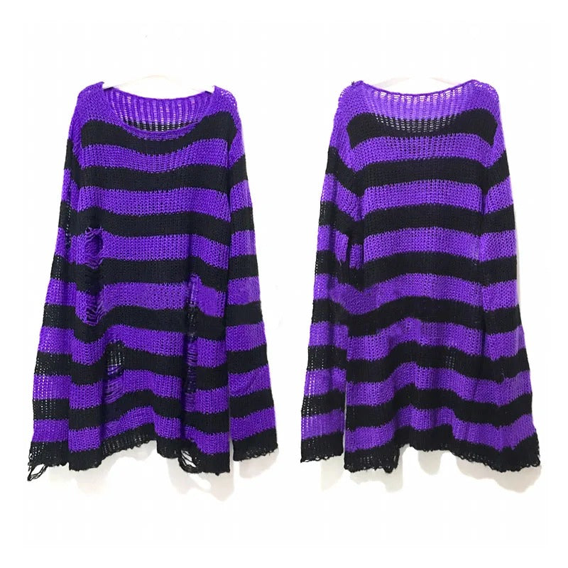 Edgy and Stylish Ripped Style Punk Rock Striped Sweater 13