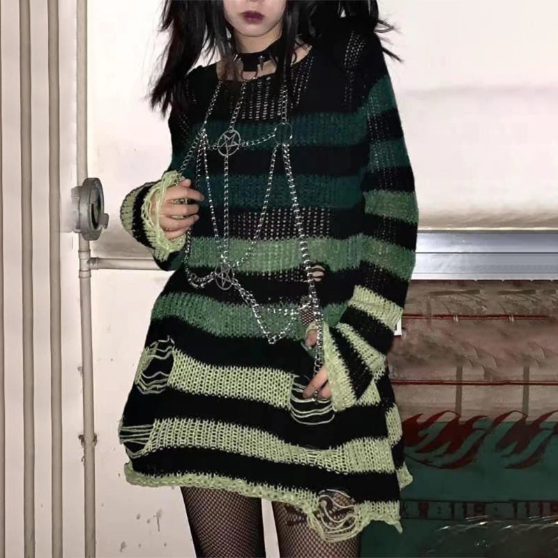 Edgy and Stylish Ripped Style Punk Rock Striped Sweater 14