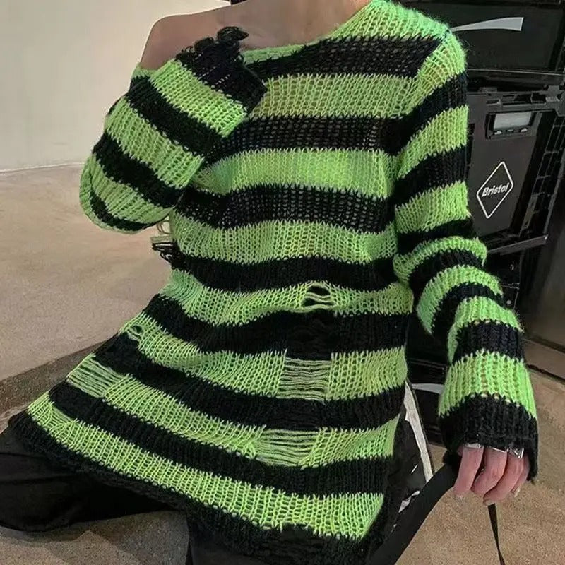 Edgy and Stylish Ripped Style Punk Rock Striped Sweater 3