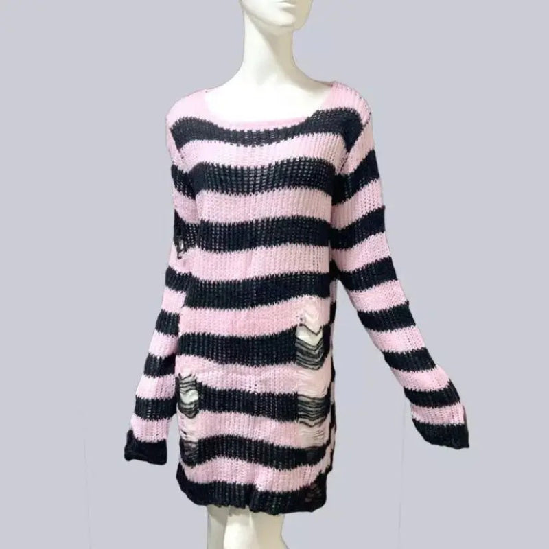 Edgy and Stylish Ripped Style Punk Rock Striped Sweater 6