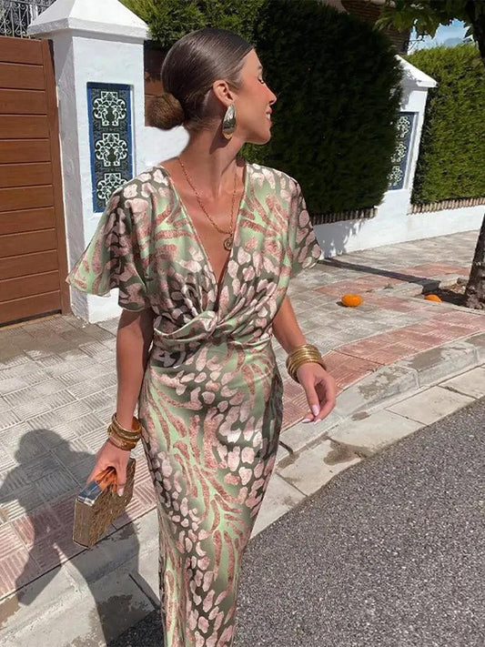 Women's Floral Midi Dress V-Neck Pleated Polyester 2