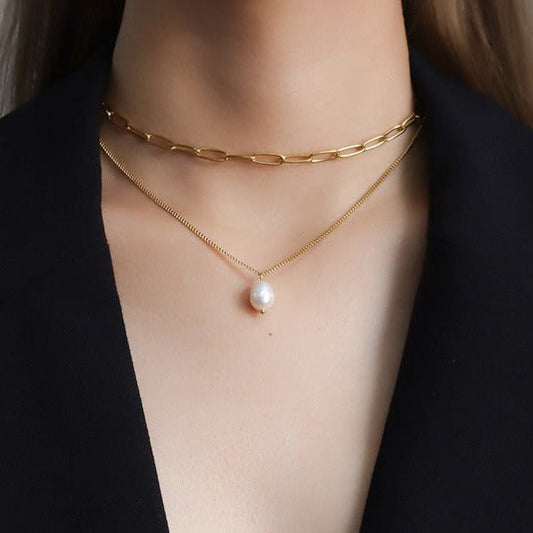 Elegant Freshwater Pearl Necklace with 18k Gold-Plated Paperclip Chain – Waterproof and Hypoallergenic Design for Women 1