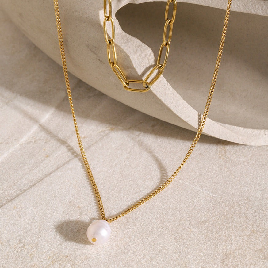 Elegant Freshwater Pearl Necklace with 18k Gold-Plated Paperclip Chain – Waterproof and Hypoallergenic Design for Women 5