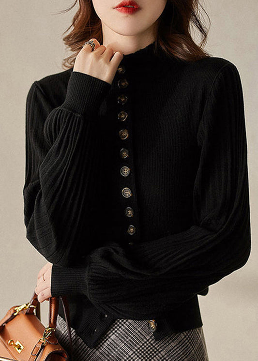 Women's Knit Top Grey Stand Collar Button Long Sleeve - 2
