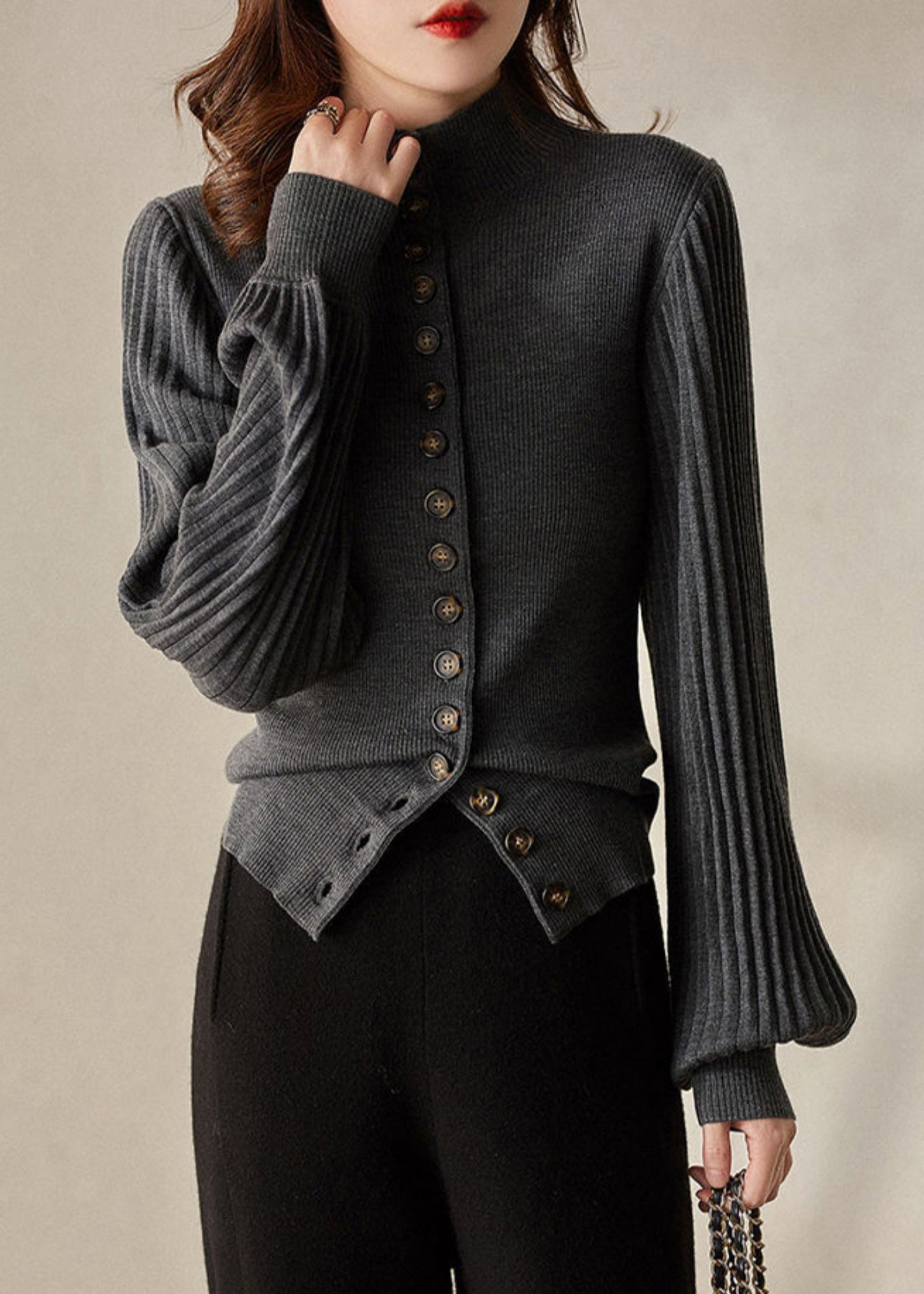 Women's Knit Top Grey Stand Collar Button Long Sleeve - 3