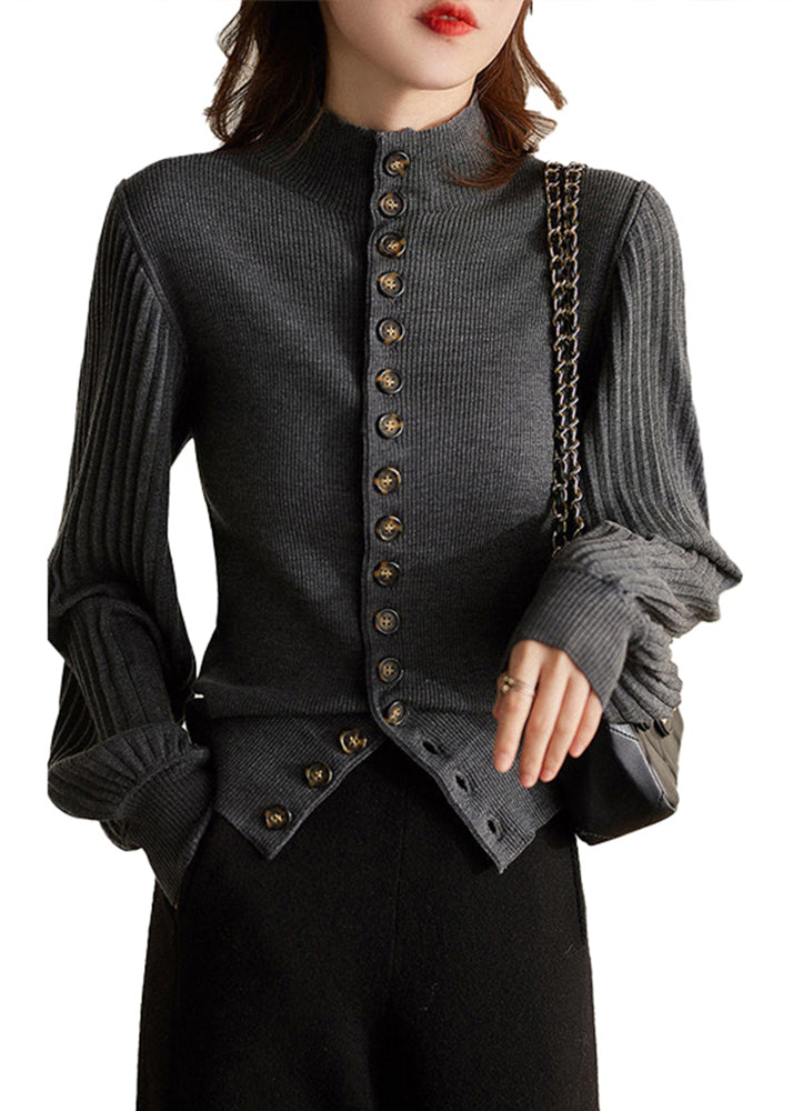 Women's Knit Top Grey Stand Collar Button Long Sleeve - 5