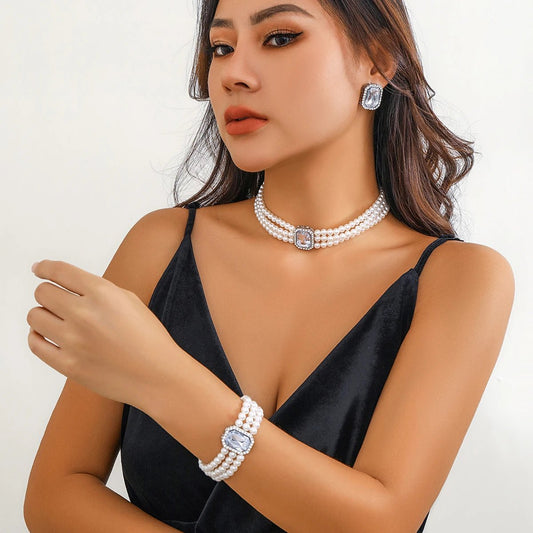 Women's Jewelry Set White Imitation Pearl Necklace and Earring Set Stainless Steel - 2