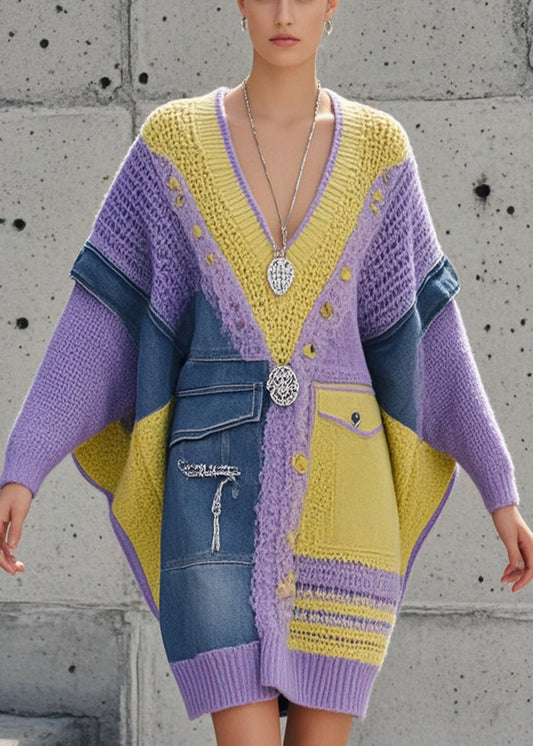 Women's Long Sweater Purple Denim Batwing Sleeve - 1
