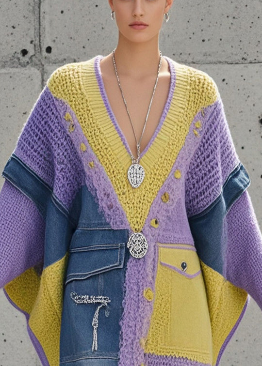 Women's Long Sweater Purple Denim Batwing Sleeve - 2