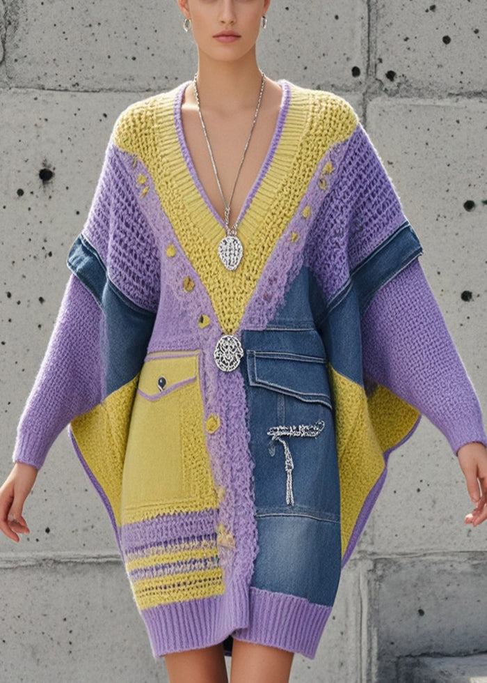 Women's Long Sweater Purple Denim Batwing Sleeve - 3