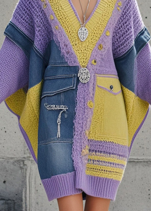 Women's Long Sweater Purple Denim Batwing Sleeve - 4