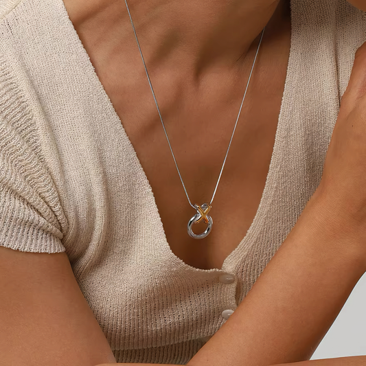 Elegant Two-Tone Knot Necklace in Stainless Steel – Waterproof, Hypoallergenic, Adjustable 19-Inch Chain 1