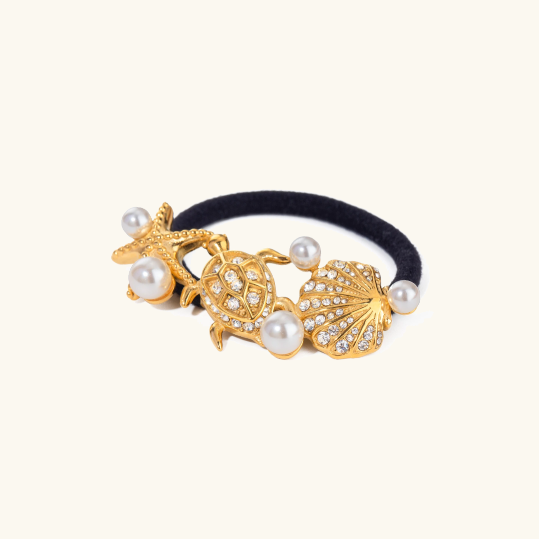 Elegant Waterproof Pony Cuff with 18k Gold Starfish and Freshwater Pearls 0