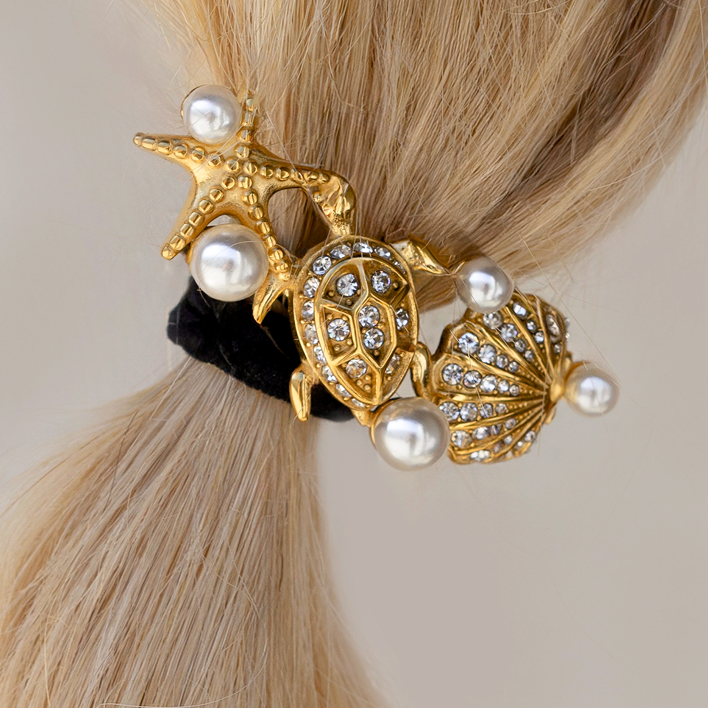 Elegant Waterproof Pony Cuff with 18k Gold Starfish and Freshwater Pearls 1
