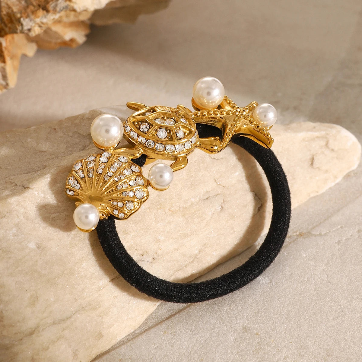 Elegant Waterproof Pony Cuff with 18k Gold Starfish and Freshwater Pearls 2
