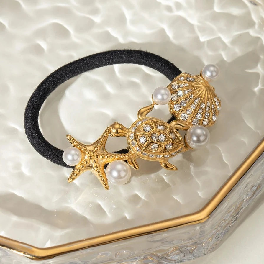 Elegant Waterproof Pony Cuff with 18k Gold Starfish and Freshwater Pearls 4