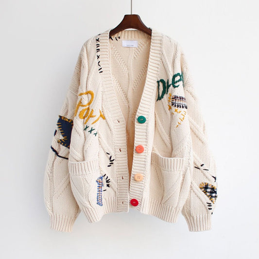 Embroidery Fashion Loose Winter Knitted Cardigan Sweater Jacket 0