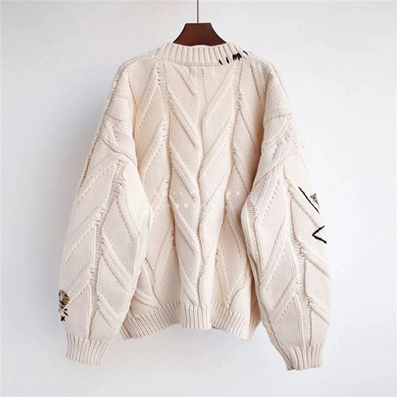 Embroidery Fashion Loose Winter Knitted Cardigan Sweater Jacket 5