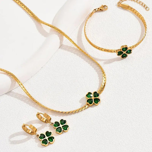 Emerald Four Leaf Clover Jewelry Set – Necklace, Bracelet, and Earrings with Gold Accents 1
