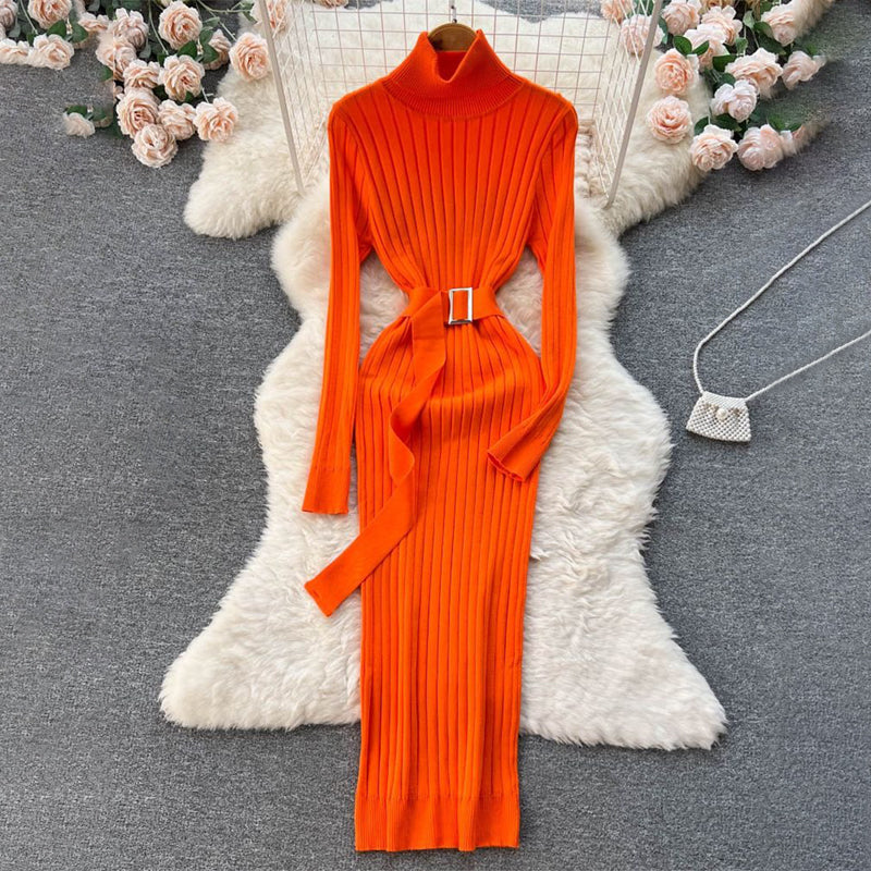 Figure-Flattering Long Sleeve Knitted Turtleneck Bodycon Sweater Dress with Belt 10