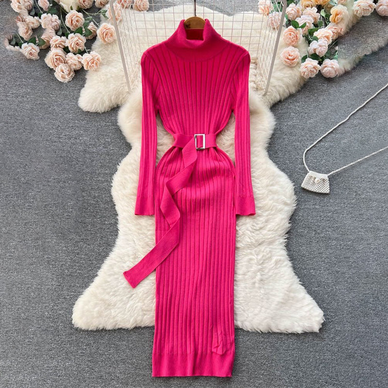Figure-Flattering Long Sleeve Knitted Turtleneck Bodycon Sweater Dress with Belt 12