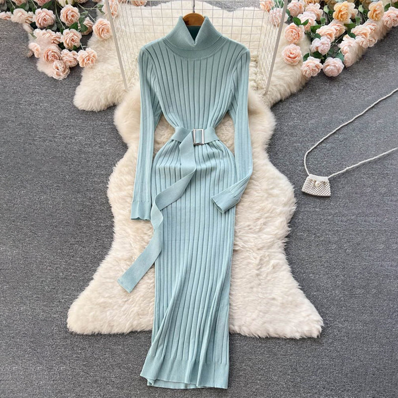 Figure-Flattering Long Sleeve Knitted Turtleneck Bodycon Sweater Dress with Belt 13