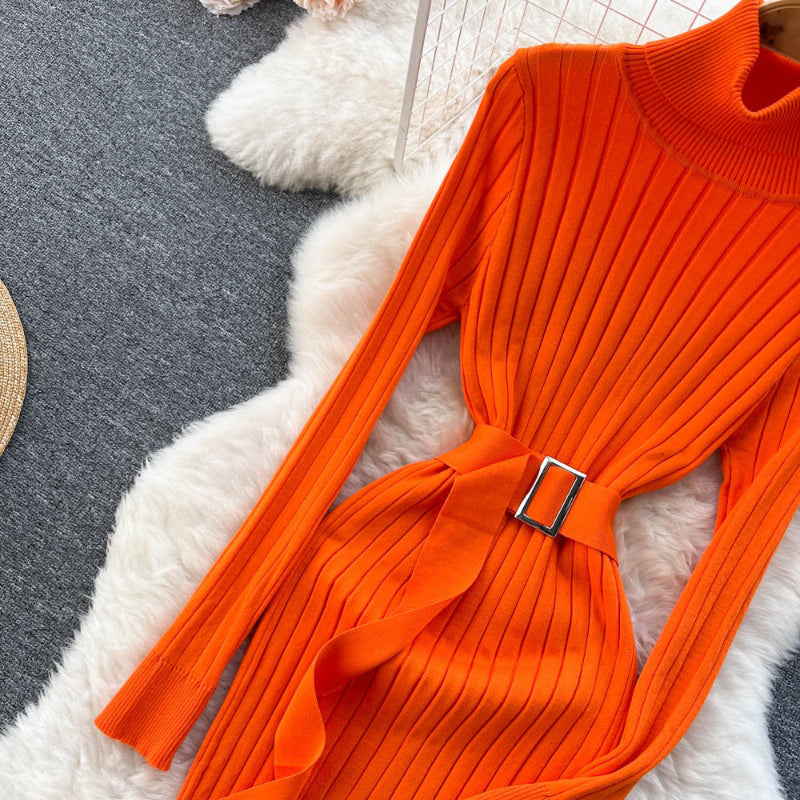 Figure-Flattering Long Sleeve Knitted Turtleneck Bodycon Sweater Dress with Belt 2