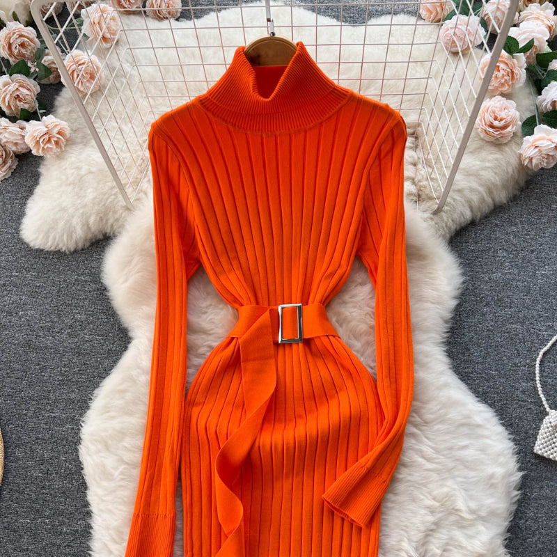 Figure-Flattering Long Sleeve Knitted Turtleneck Bodycon Sweater Dress with Belt 3