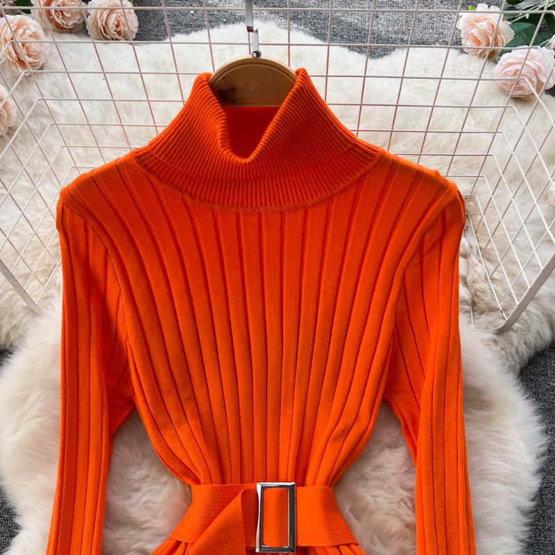Figure-Flattering Long Sleeve Knitted Turtleneck Bodycon Sweater Dress with Belt 5