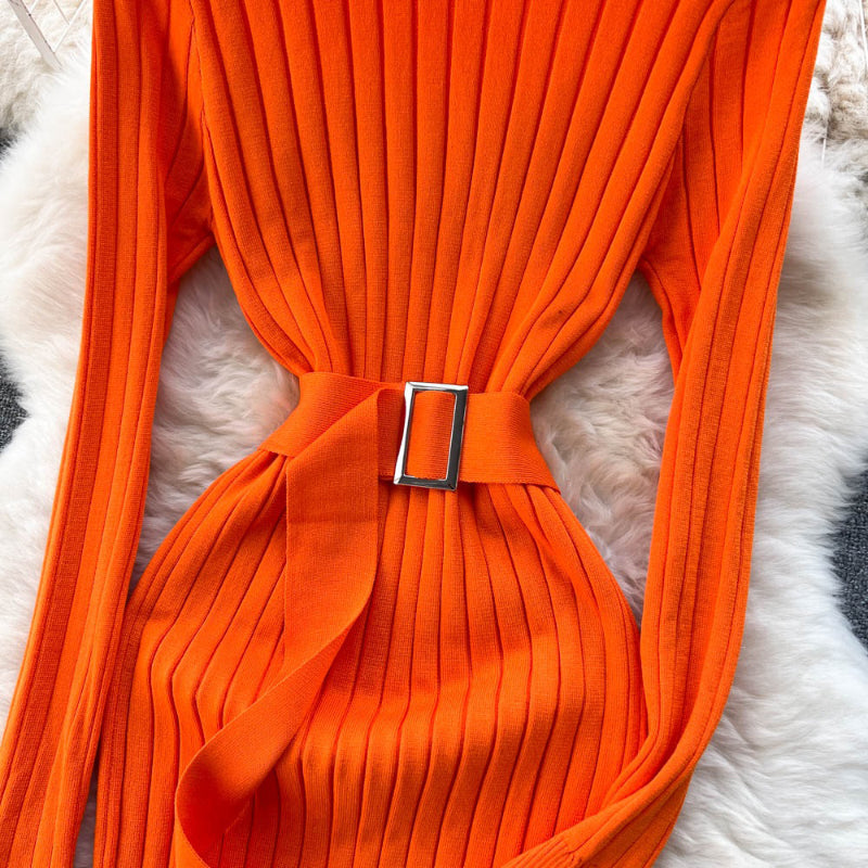 Figure-Flattering Long Sleeve Knitted Turtleneck Bodycon Sweater Dress with Belt 6