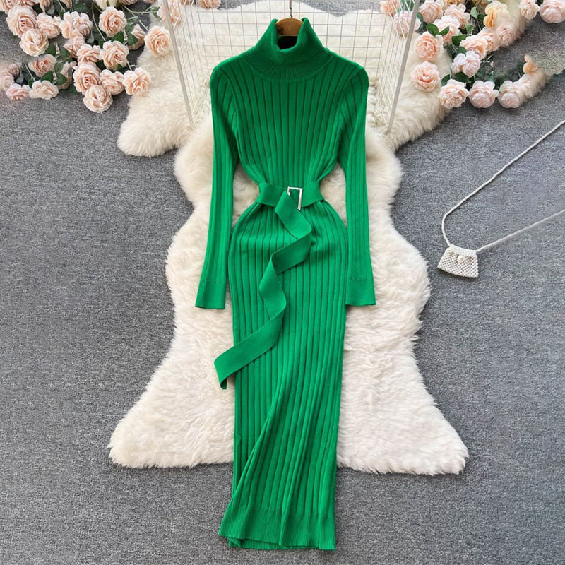 Figure-Flattering Long Sleeve Knitted Turtleneck Bodycon Sweater Dress with Belt 9