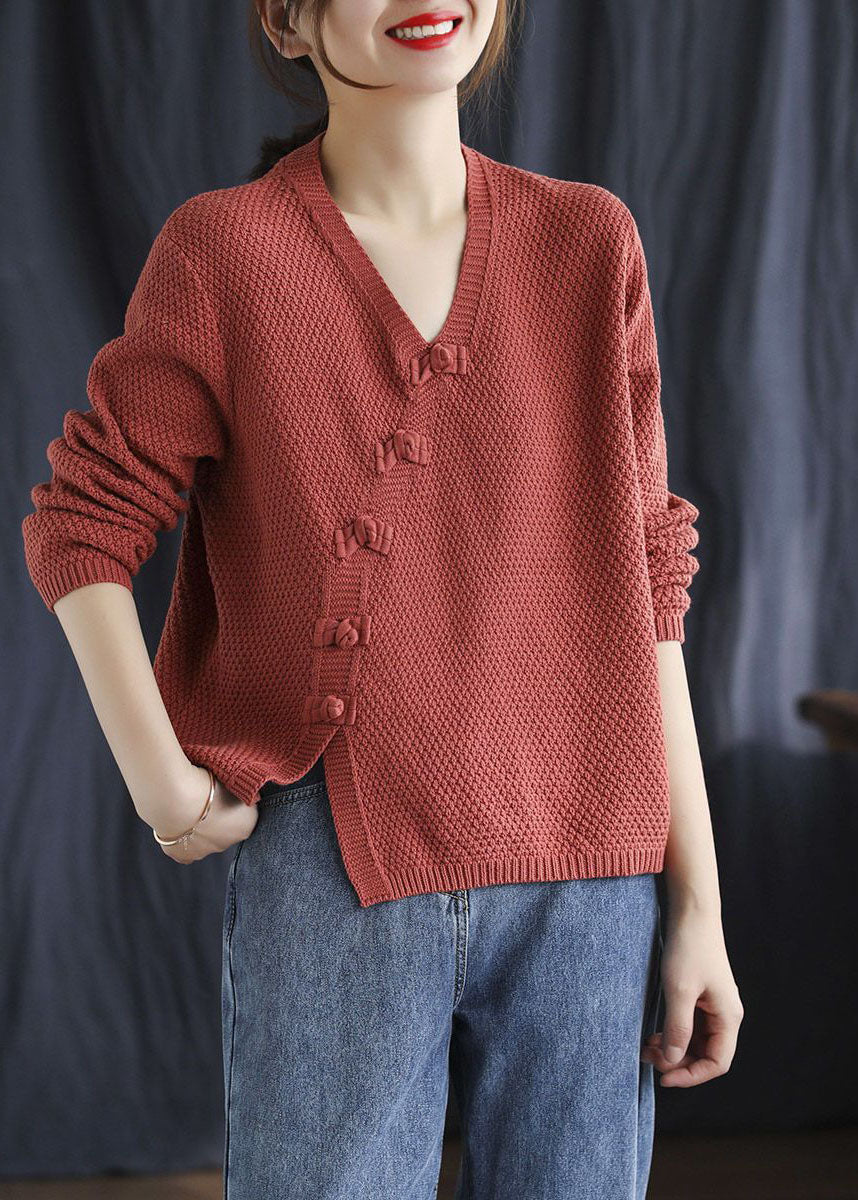 Women's Sweater Red Cotton Blend V Neck Fitted - 1