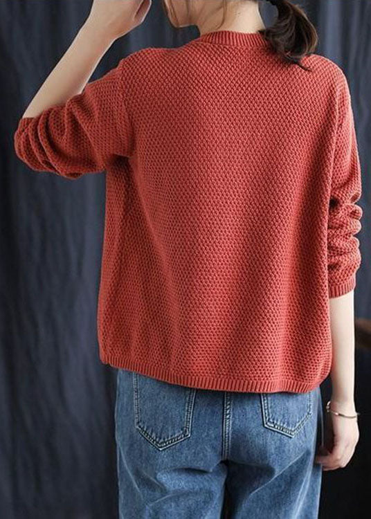 Women's Sweater Red Cotton Blend V Neck Fitted - 4