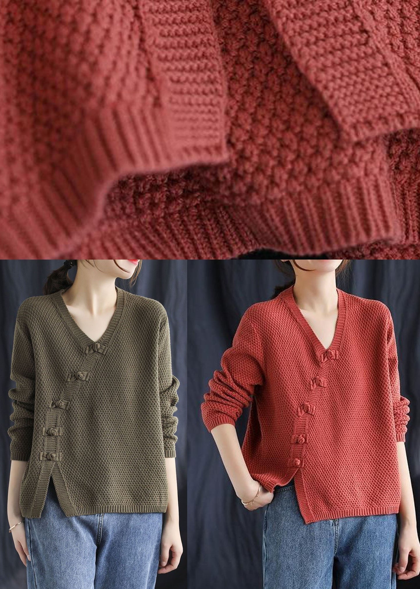Women's Sweater Red Cotton Blend V Neck Fitted - 5