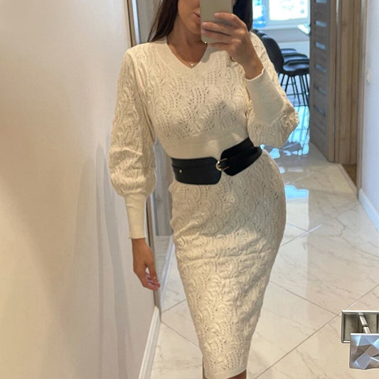 Flattering Hollow Out Knitted Long Sleeve Sweater Dresses 1