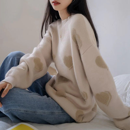 Fluffy Love Heart Pattern Knitted Loose Fit Sweaters 1