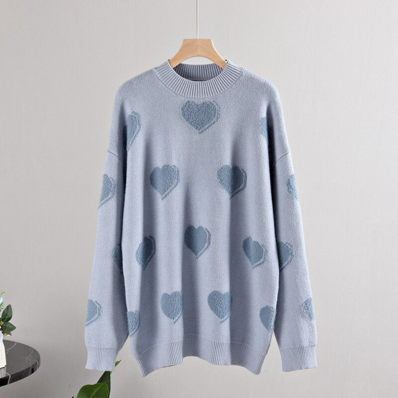 Fluffy Love Heart Pattern Knitted Loose Fit Sweaters 10