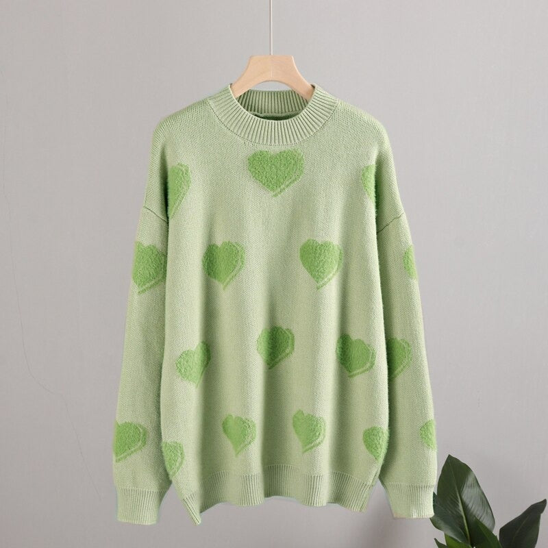 Fluffy Love Heart Pattern Knitted Loose Fit Sweaters 13