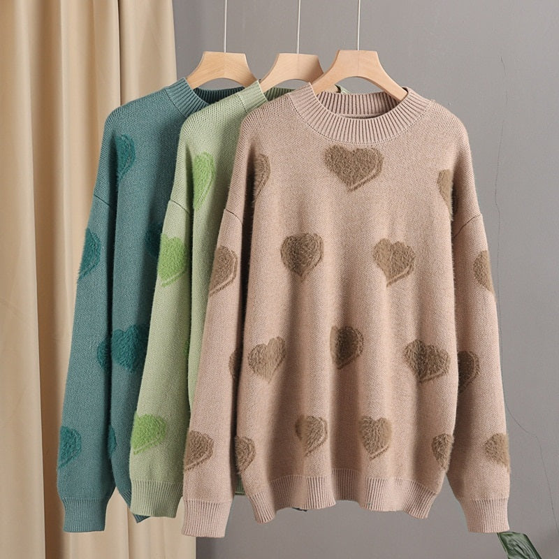 Fluffy Love Heart Pattern Knitted Loose Fit Sweaters 4