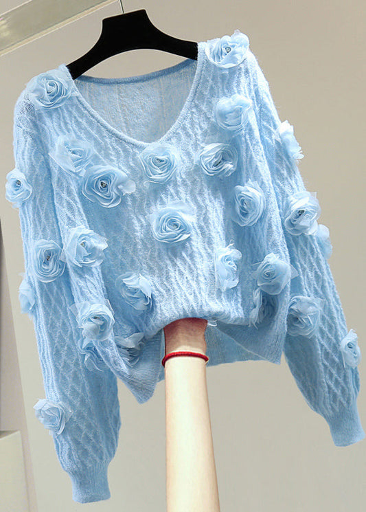 Women's Sweater French Blue Floral Cotton Knit - 1