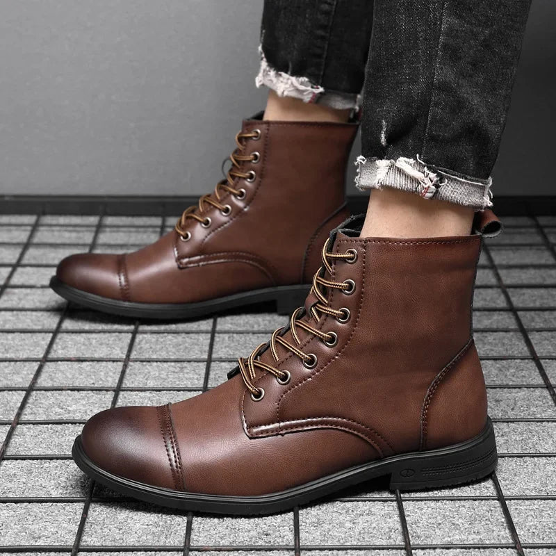 Men's Leather Cap-Toe Lace-Up Ankle Boots in Brown – side view | Hensley London