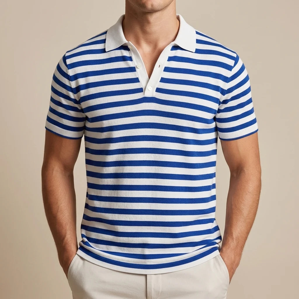 Men's Striped Regular-Fit Polo Shirt in Dark Blue – product view | Hensley London